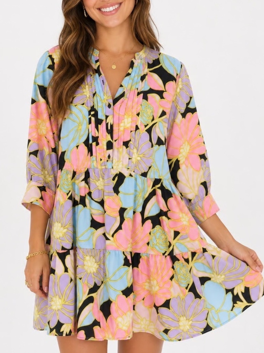 WHO WHAT WEAR Black Floral Tiered Mini Dress Pink, Blue & Purple Blooms NWOT